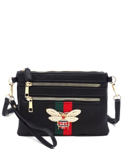 Queen Bee Stripe Clutch Crossbody Bag Wristlet AD2581B BLACK